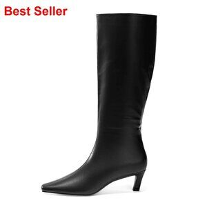 Knee High Boots Square Toe Kitten Heel Side Zipper Dressy Fall Shoes